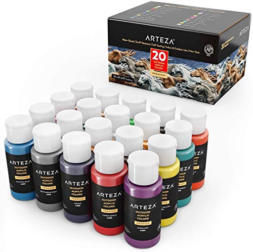 Arteza Outdoor Acrylic Paint, Set of 20 Colors/Bottles 2 oz./59 ml. Rich Pigment Multi-Surface Craft Paints, Art Supplies for Easter Painting Crafts, Canvas, Rock, Wood, Fabric, Leather, Paper