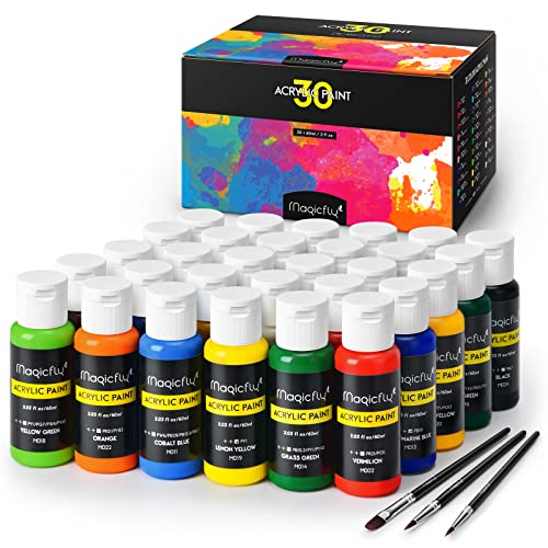 Magicfly 30 Colors Acrylic Paint Set (2 oz/60ml Each), Non-Toxic Outdoor Craft Paints with 3 Brushes, for Multi-Surface Paint on Canvas, Paper, Wood, Stone, Ceramic and Model, Acrylic Paint Art Supplies for Artists, Adults & Beginners