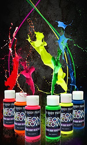 Neon Glow Blacklight Body Paint #1 Premium Set (paquete de 6 botellas de 2 oz.) Brilla más brillante, reactiva a los rayos UV, segura y no tóxica.  El conjunto fluorescente se seca rápidamente, continúa suave, no grumoso